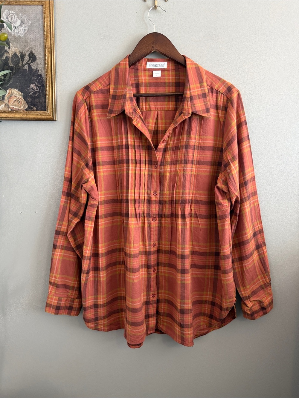 Coldwater Creek Plaid Pintuck Button Down Blouse Large 100% Cotton Fall Boho - Picture 6 of 8
